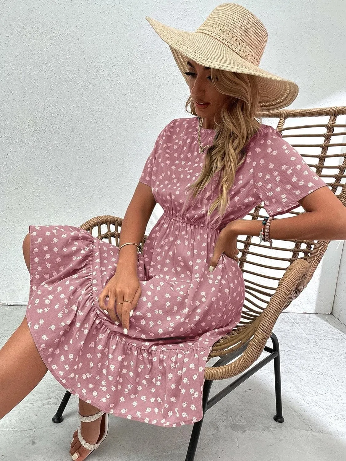Womens Summer Dresses Short Sleeve Round Neck Allover Floral Ruffle Hem A Line Dress Short Mini Dress