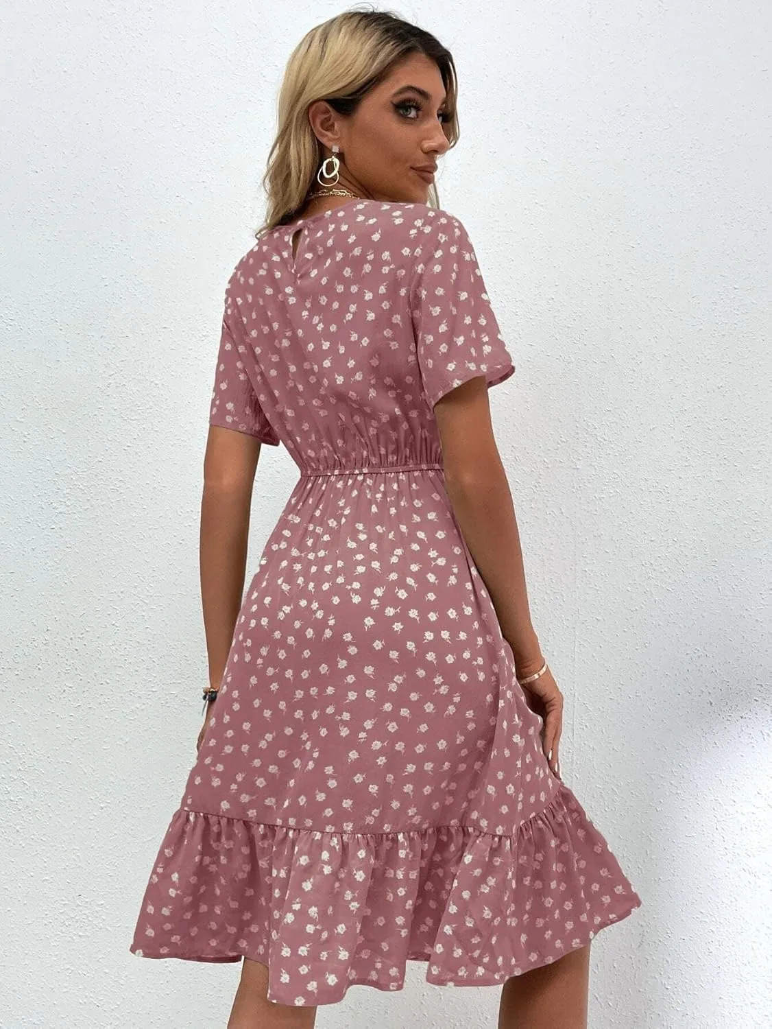 Womens Summer Dresses Short Sleeve Round Neck Allover Floral Ruffle Hem A Line Dress Short Mini Dress