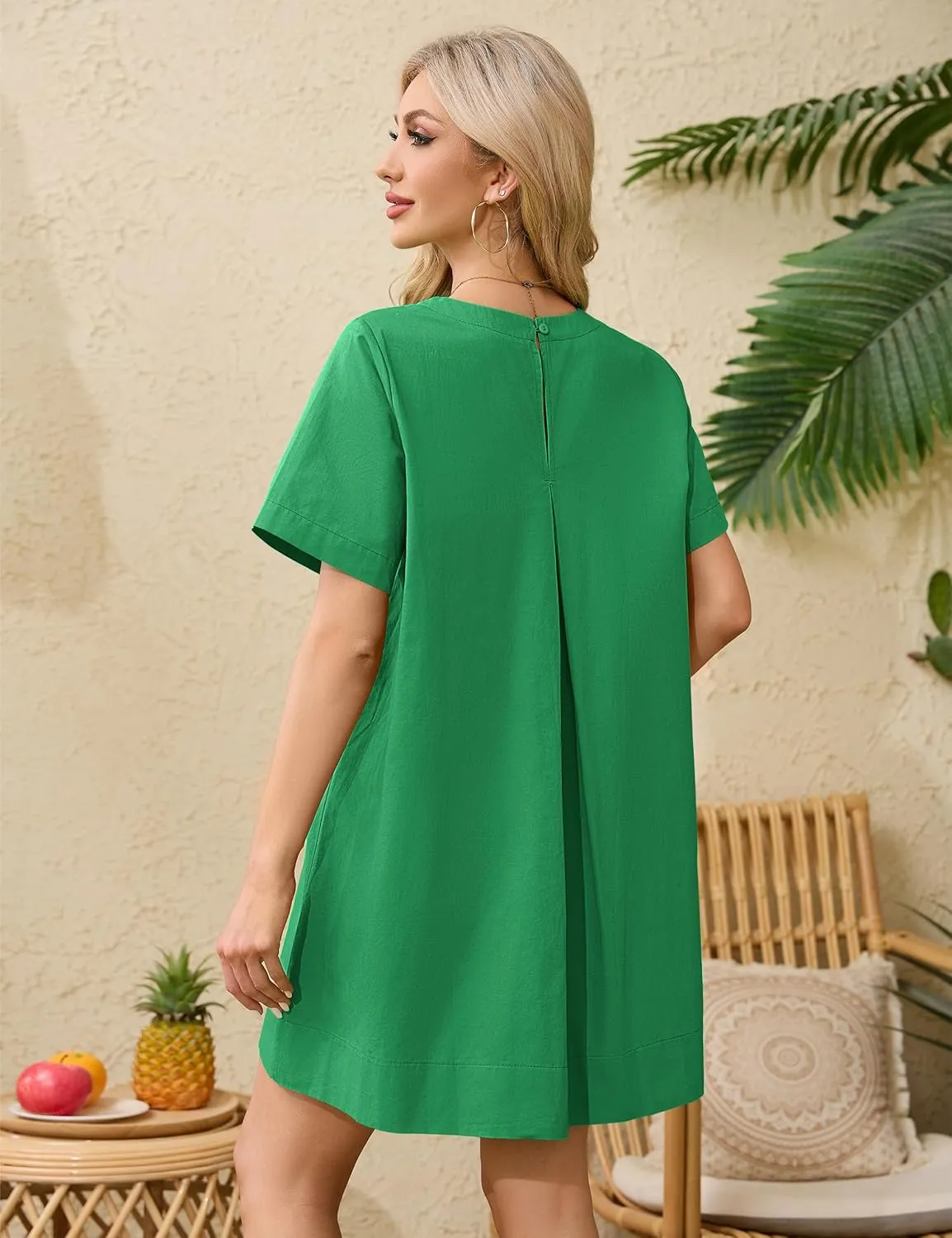 Women's Summer Short Sleeve Mini Dress Loose Fit Button Back Mini Dresses Slit Tunic Shirt Short Dress with Pockets