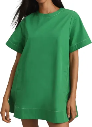 Women's Summer Short Sleeve Mini Dress Loose Fit Button Back Mini Dresses Slit Tunic Shirt Short Dress with Pockets