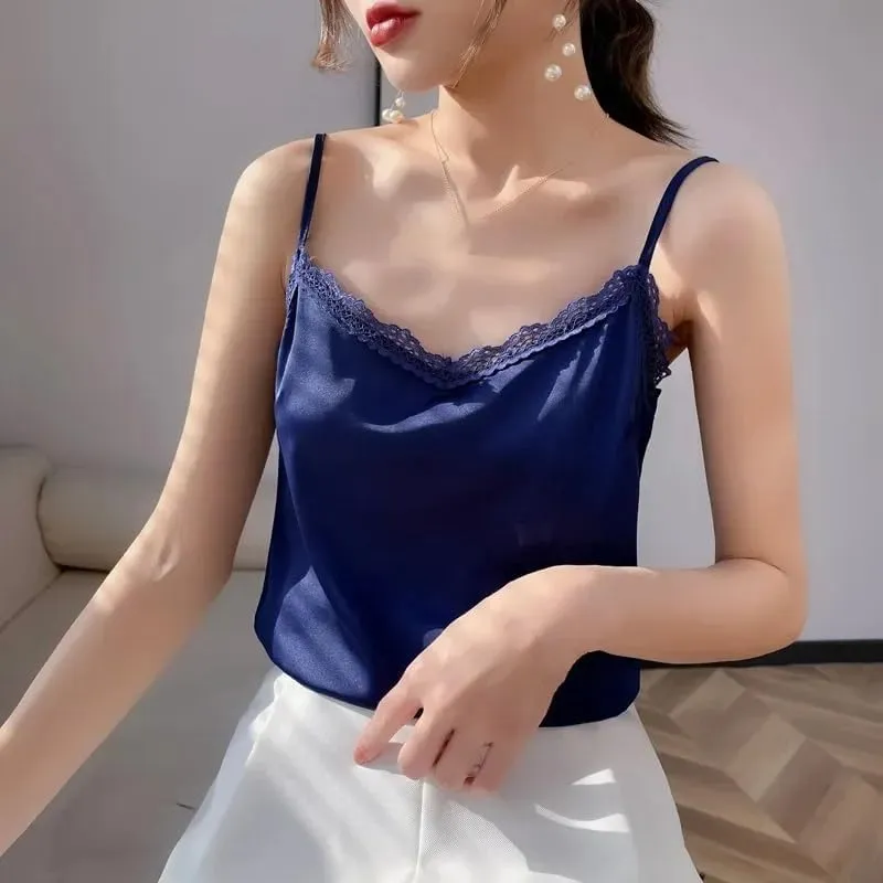 Womens Summer V-Neck Camisole Silk Camis Women's Sexy Bottoming Shirt Sleeveless Top Silk Camisole Women Shirt