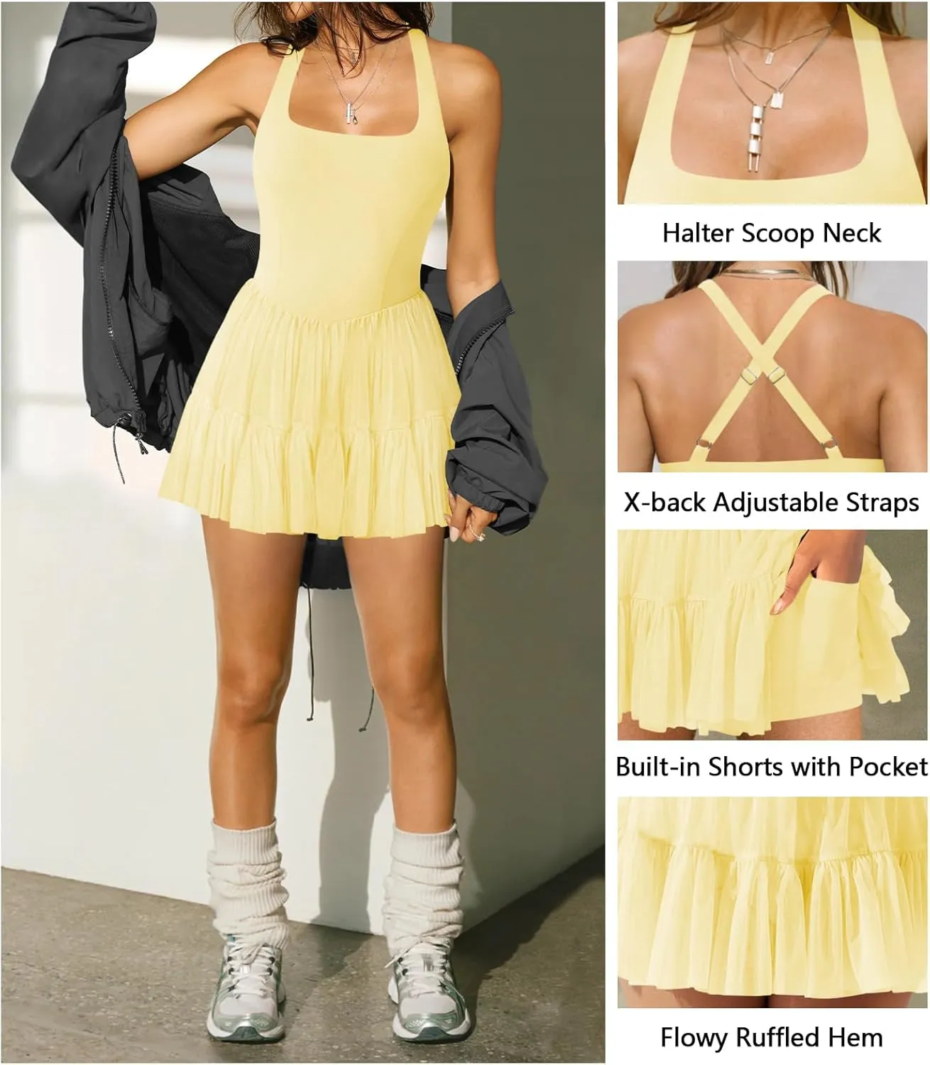 Women's Tennis Flowy Pleated Ruffle Athletic Dress for Women Halter Neck Sleeveless Summer Mini Golf Dress with Shorts Pocket