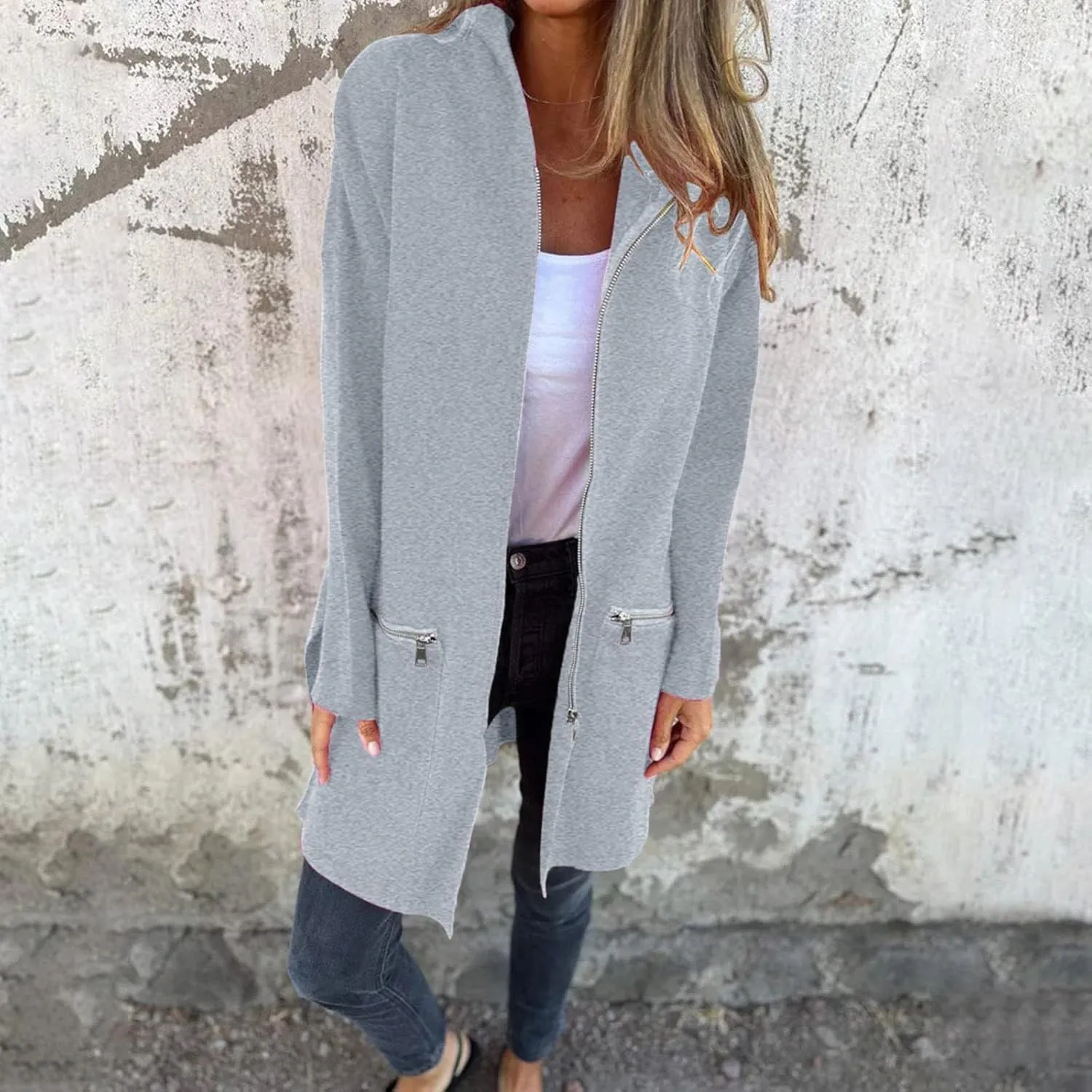 Women's Trench Coat Elegant Plain Long Sleeve Zip Up Winter Jacket Lapel Fuzzy Fleece Casual Solid Color Jackets