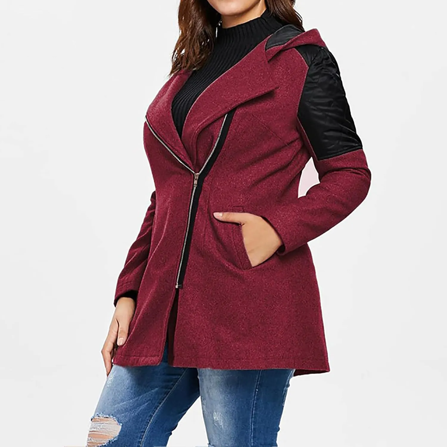 Womens Trench Coats Side Zipper Hoodie Jackets Plus Size Wool-Blend Notch Lapel Parka Asymmetrical Moto Jacket