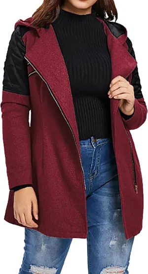 Womens Trench Coats Side Zipper Hoodie Jackets Plus Size Wool-Blend Notch Lapel Parka Asymmetrical Moto Jacket