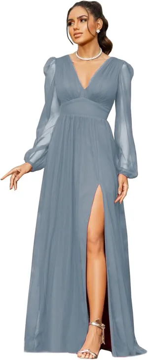 Women's V Neck Bridesmaid Dresses for Wedding Long Sleeves A-Line Chiffon Formal Gown with Slit