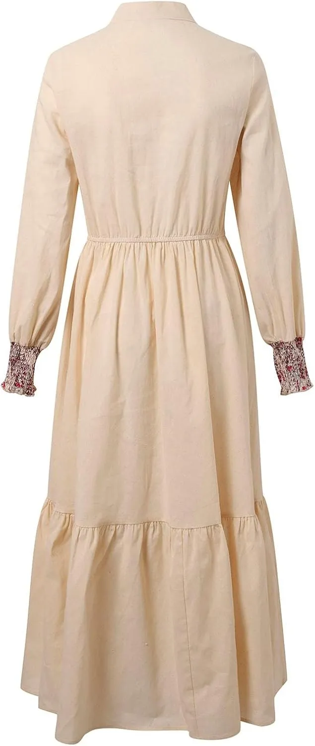 Women's Vintage Floral Maxi Dress Women's Vintage Pastoral Flower Sexy V-Neck Long Sleeve Western Long Dress