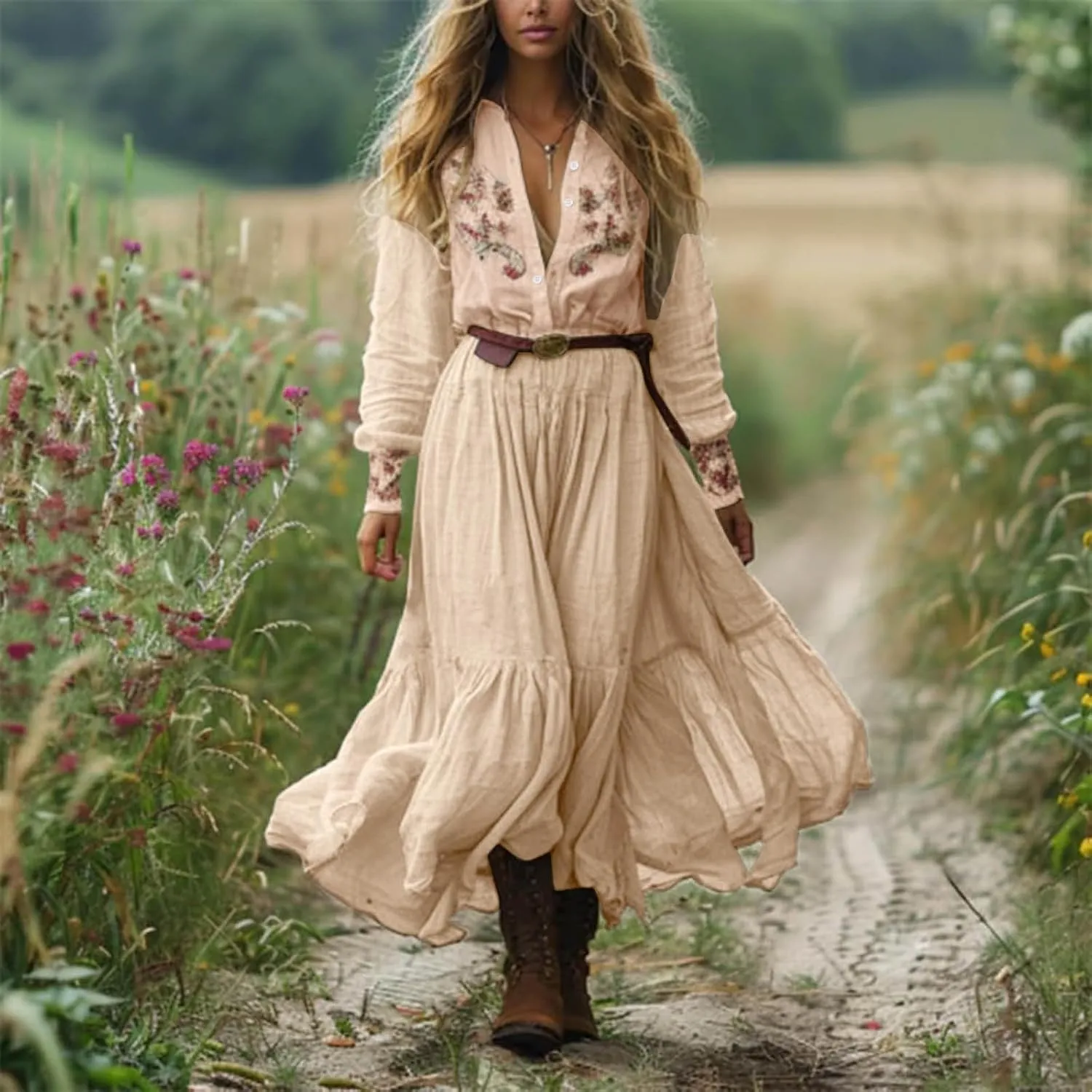 Women's Vintage Floral Maxi Dress Women's Vintage Pastoral Flower Sexy V-Neck Long Sleeve Western Long Dress