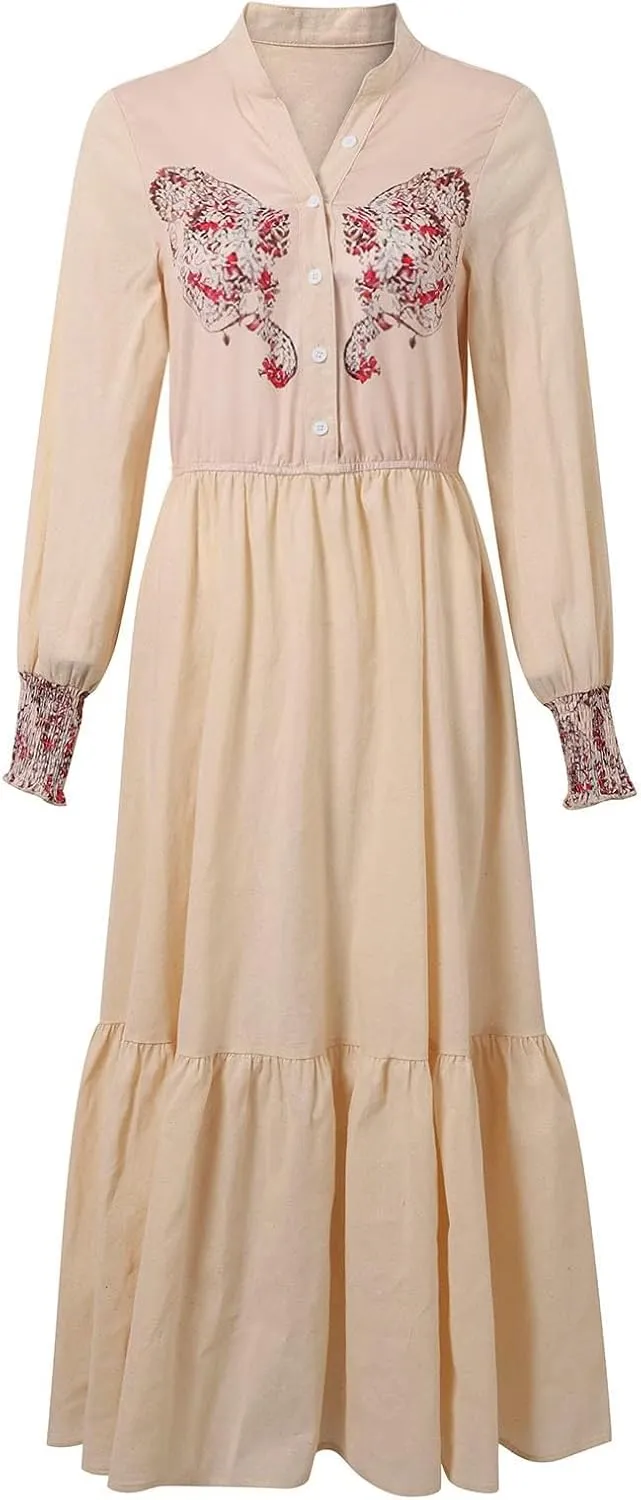 Women's Vintage Floral Maxi Dress Women's Vintage Pastoral Flower Sexy V-Neck Long Sleeve Western Long Dress