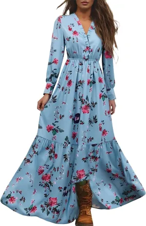 Women's Vintage Floral Maxi Dress Women's Vintage Pastoral Flower Sexy V-Neck Long Sleeve Western Long Dress