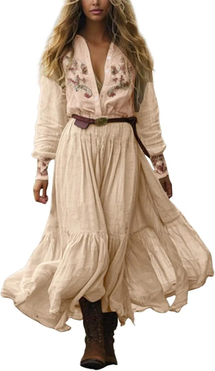 Women's Vintage Floral Maxi Dress Women's Vintage Pastoral Flower Sexy V-Neck Long Sleeve Western Long Dress