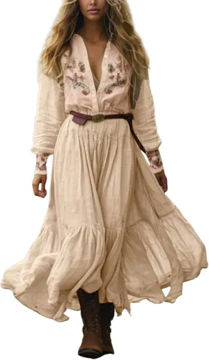 Women's Vintage Floral Maxi Dress Women's Vintage Pastoral Flower Sexy V-Neck Long Sleeve Western Long Dress