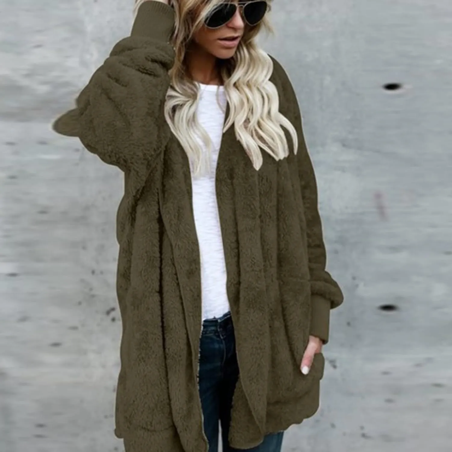 Womens Winter Coats Baggy Comfy Shaggy Sherpa Jacket Oversized Fleece Outwear Casual Open Front Cardigan fith Pockets