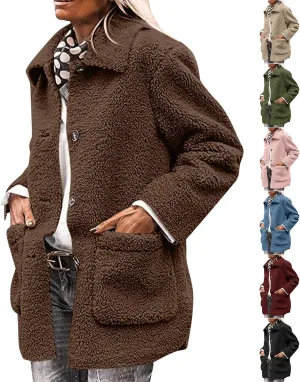 Womens Winter Coats Lapel Button Down Sherpa Jacket Long Sleeve Faux Fur Coats Fleece Jacket Outerwear with Pockets