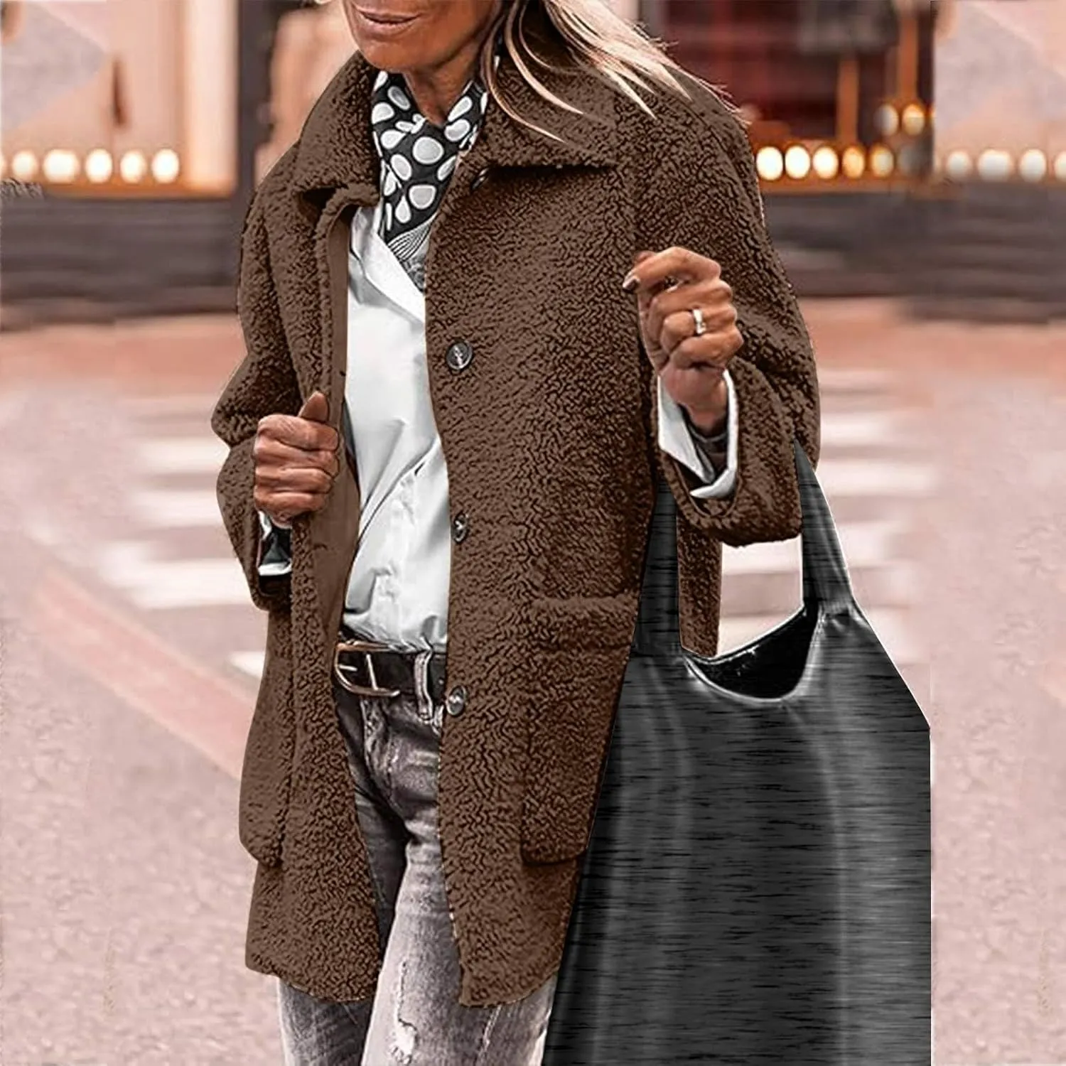Womens Winter Coats Lapel Button Down Sherpa Jacket Long Sleeve Faux Fur Coats Fleece Jacket Outerwear with Pockets