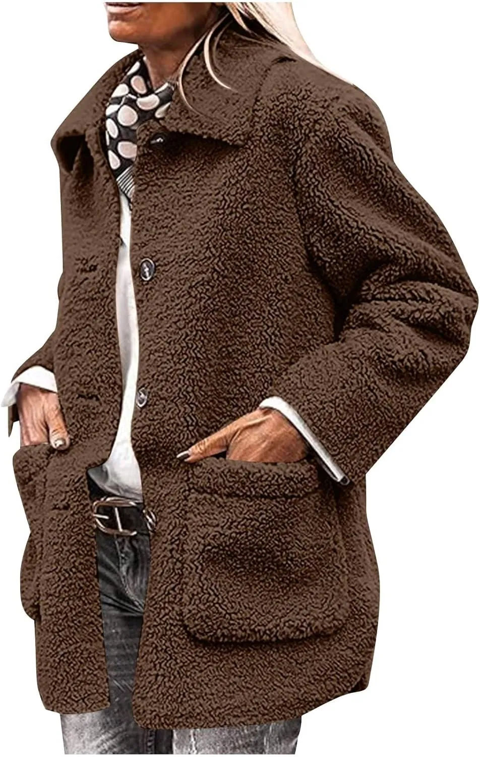 Womens Winter Coats Lapel Button Down Sherpa Jacket Long Sleeve Faux Fur Coats Fleece Jacket Outerwear with Pockets