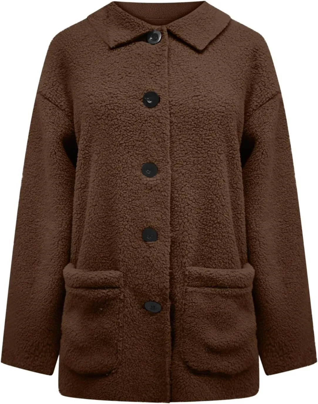 Womens Winter Coats Lapel Button Down Sherpa Jacket Long Sleeve Faux Fur Coats Fleece Jacket Outerwear with Pockets