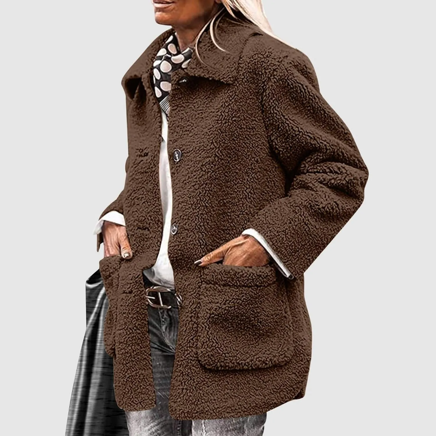 Womens Winter Coats Lapel Button Down Sherpa Jacket Long Sleeve Faux Fur Coats Fleece Jacket Outerwear with Pockets