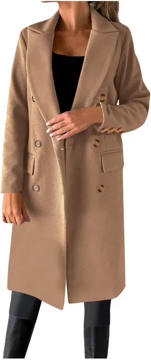 Womens Winter Mid Long Trench Coat Winter Lapel Double Breasted Long Pea Coat Casual Work Office Overcoat with Pocket