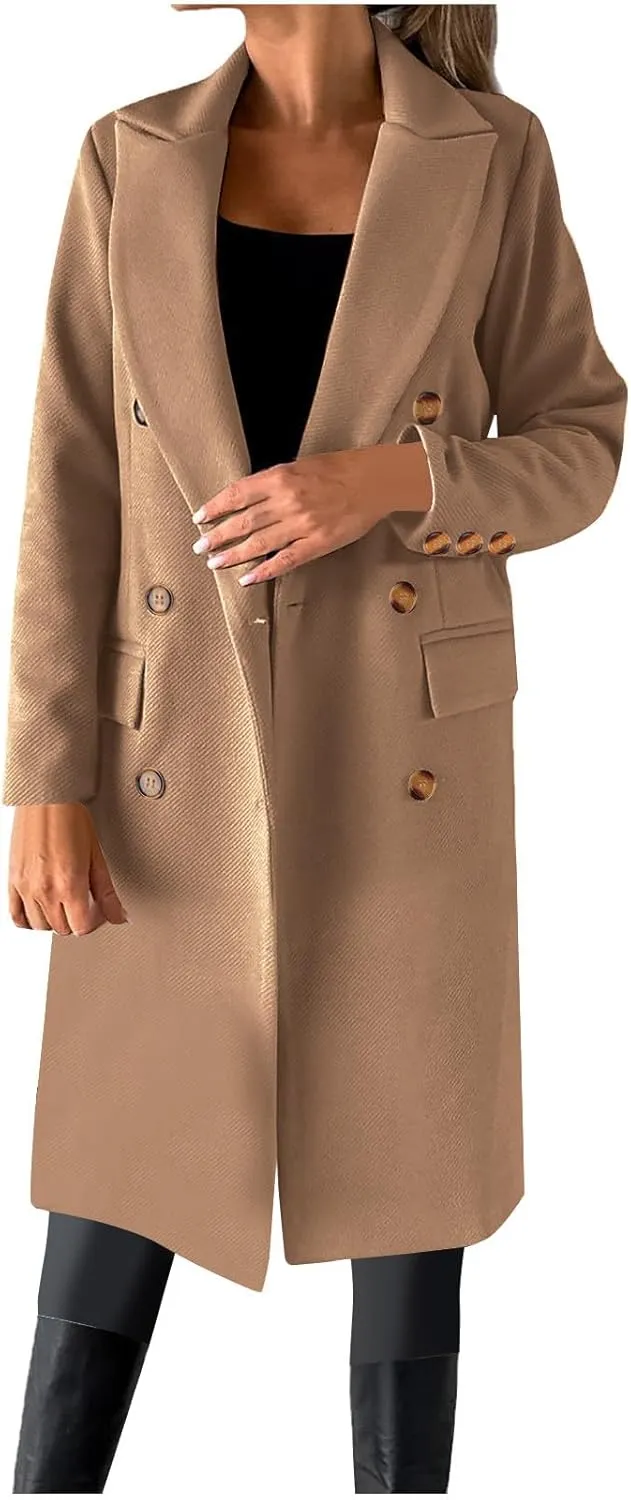 Womens Winter Mid Long Trench Coat Winter Lapel Double Breasted Long Pea Coat Casual Work Office Overcoat with Pocket