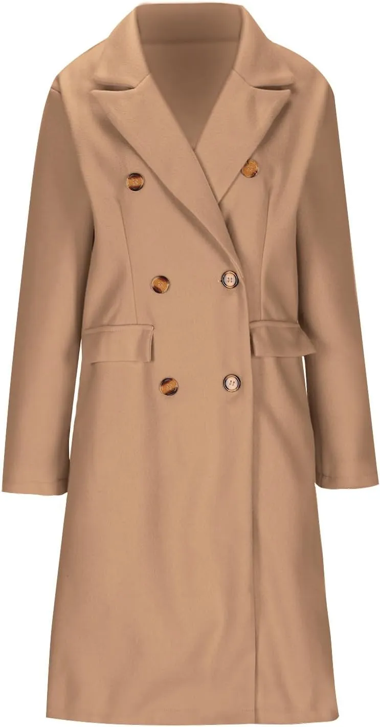 Womens Winter Mid Long Trench Coat Winter Lapel Double Breasted Long Pea Coat Casual Work Office Overcoat with Pocket