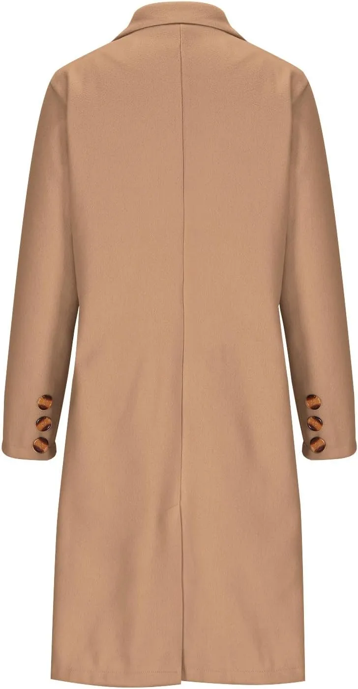 Womens Winter Mid Long Trench Coat Winter Lapel Double Breasted Long Pea Coat Casual Work Office Overcoat with Pocket
