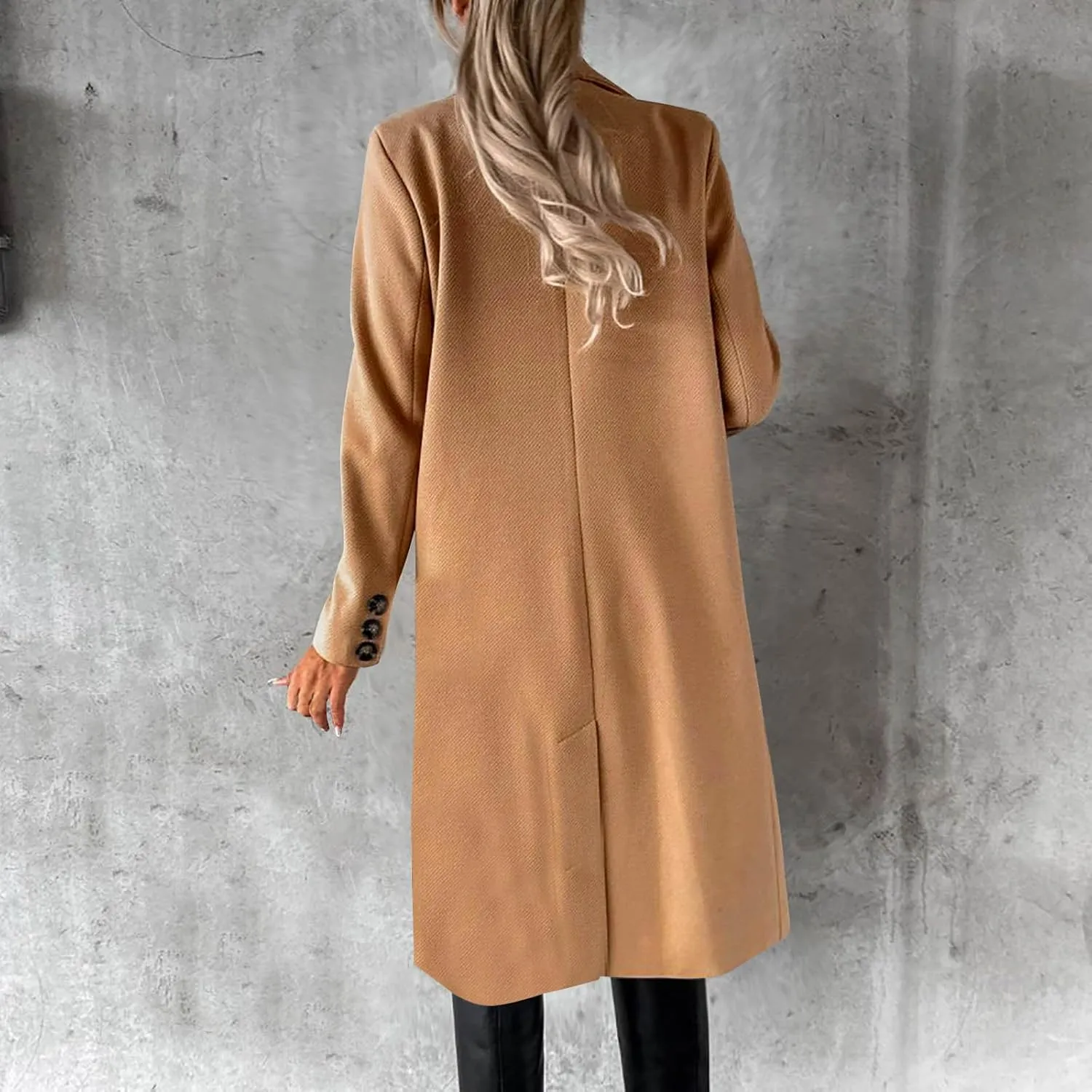 Womens Winter Mid Long Trench Coat Winter Lapel Double Breasted Long Pea Coat Casual Work Office Overcoat with Pocket