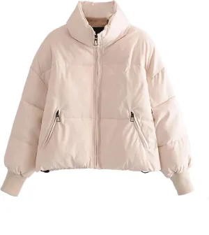 Women's Winter Stand Collar Puffer Jacket Zipper Baggy Short Padded down Coats Fluffy Thermal Warm Bread Cotton Coats