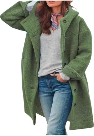 Women's Winter Wool Coat Casual Long Hooded Jacket Warm Fleece Single-Breasted Peacoat Fashion Mid Long Trench Coat