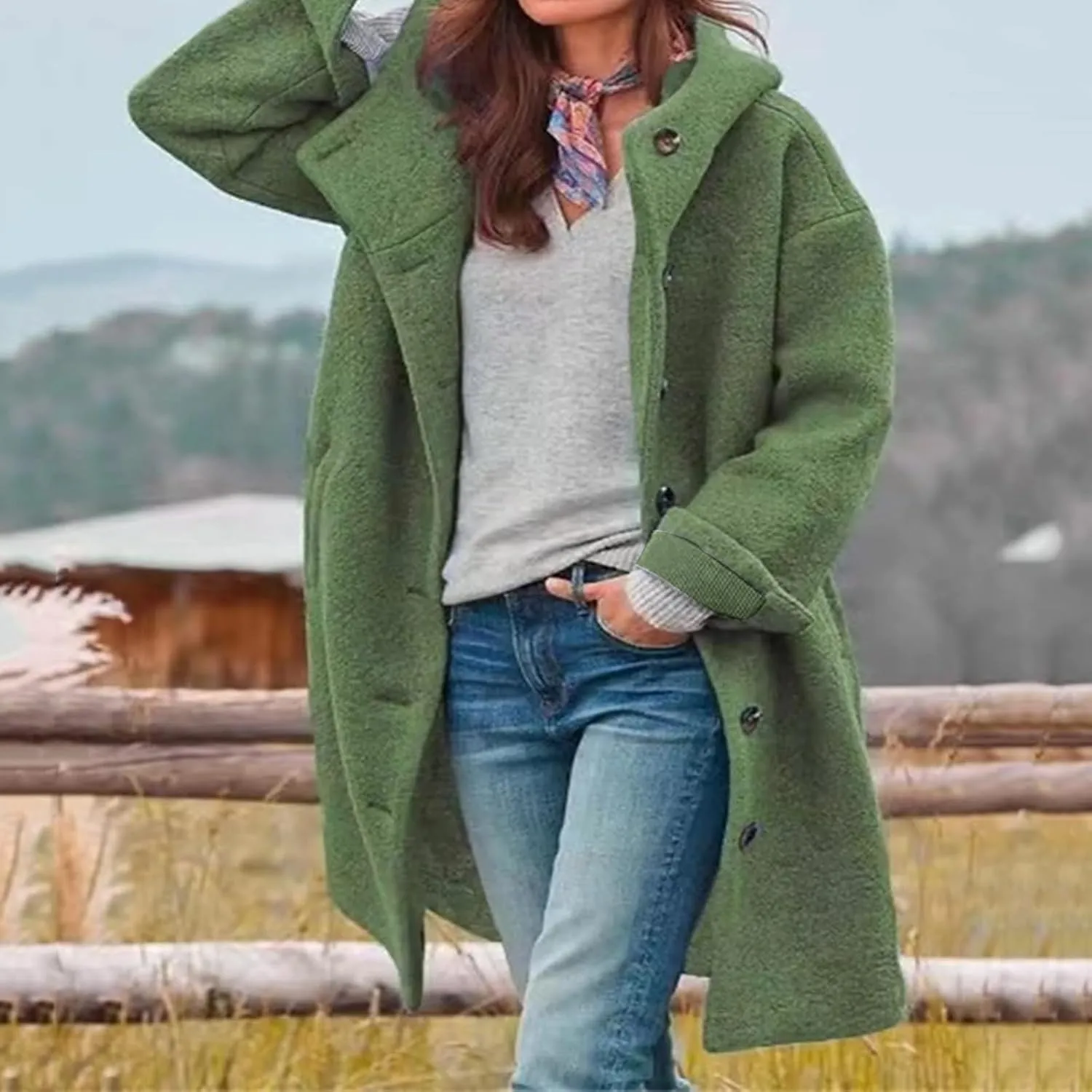 Women's Winter Wool Coat Casual Long Hooded Jacket Warm Fleece Single-Breasted Peacoat Fashion Mid Long Trench Coat