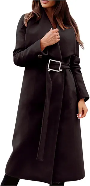 Women's Wool Blend Jackets Mid Long Warm Trench Winter Pea Coats Dressy Elegant Lapel Long Trench Overcoat w/Belt