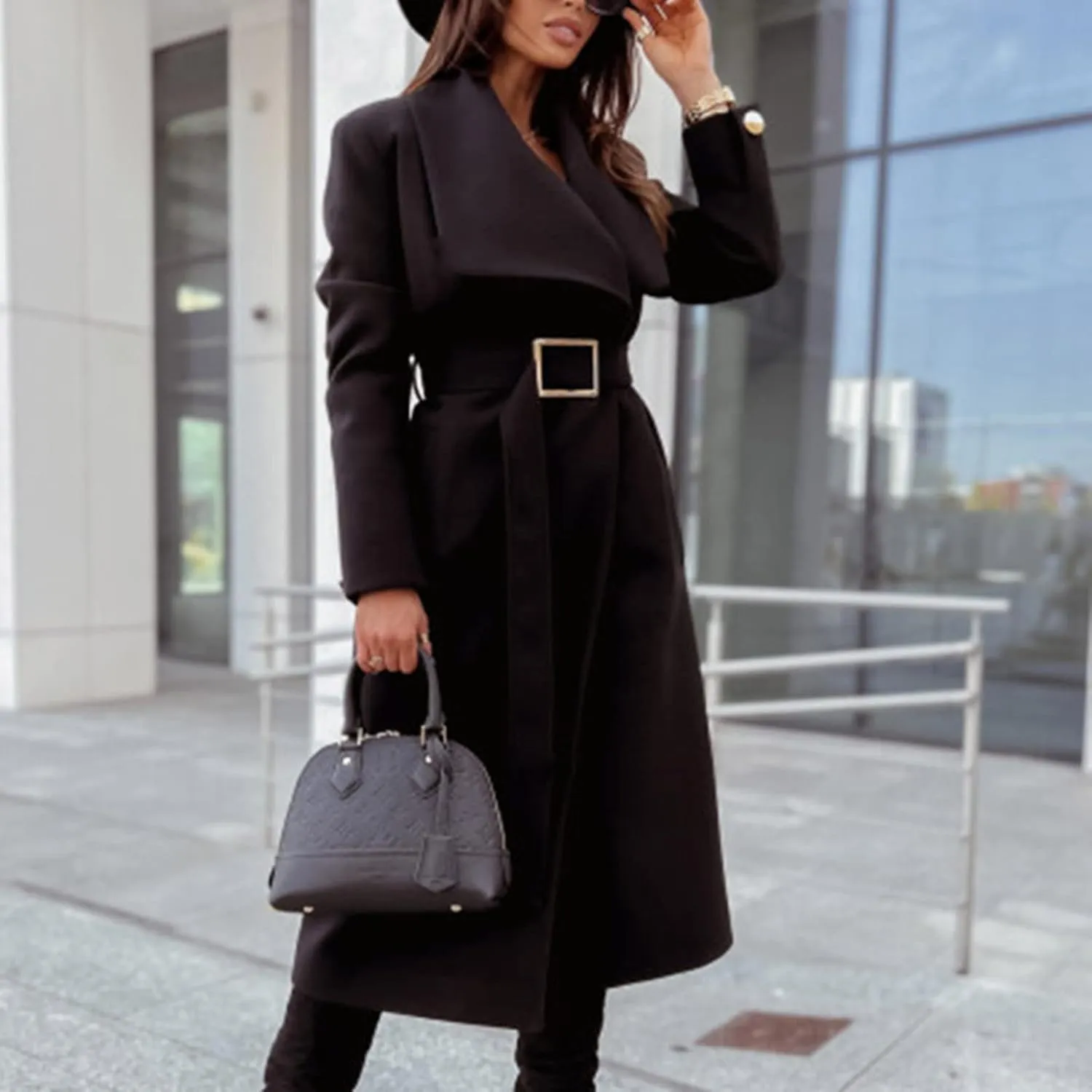 Women's Wool Blend Jackets Mid Long Warm Trench Winter Pea Coats Dressy Elegant Lapel Long Trench Overcoat w/Belt