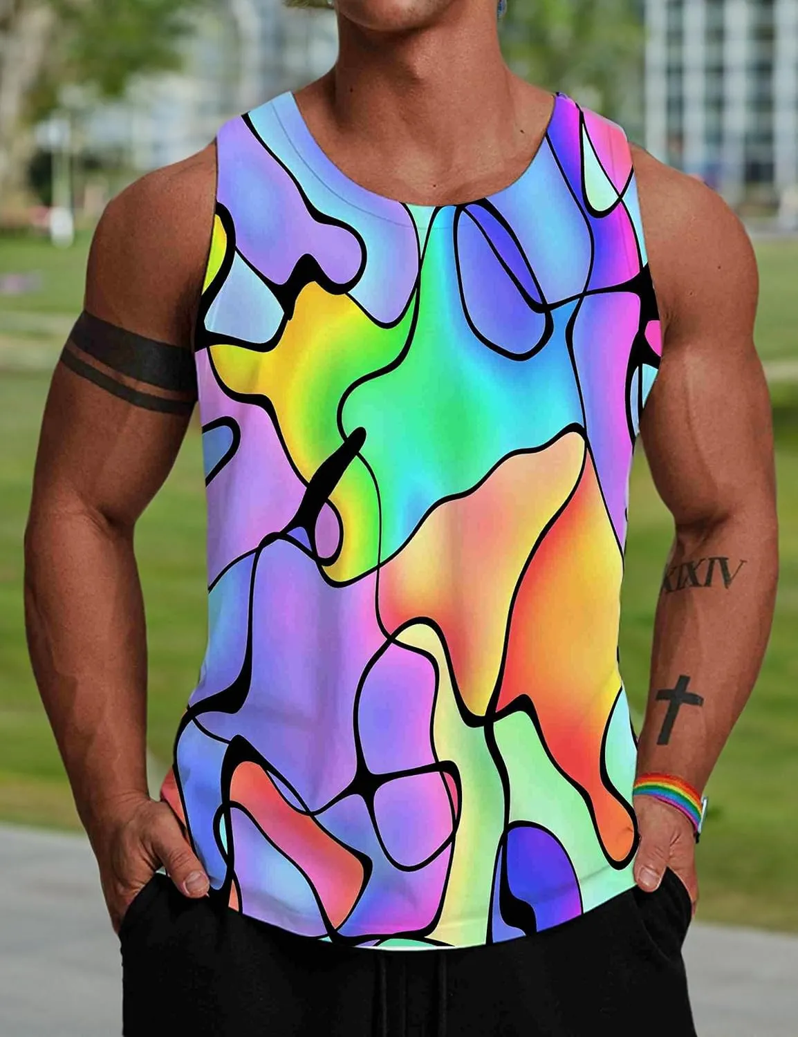 Wuiliy 3D Tank Tops For Men Colorful Sleeveless Print T Shirt Rainbow Beach Gym Vest Tee