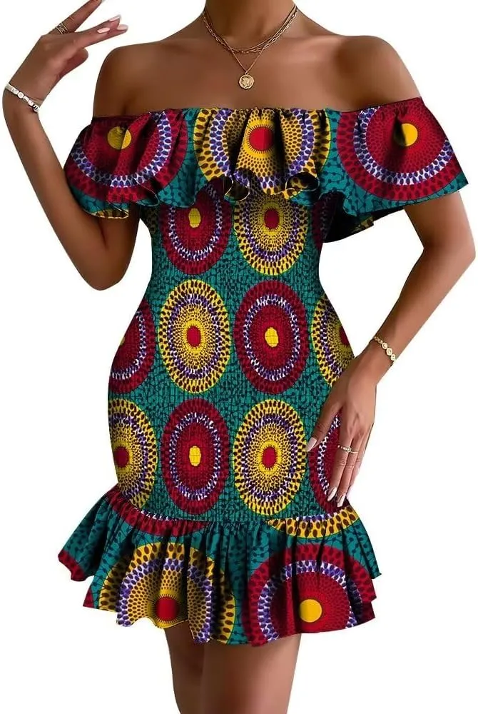 XIAOHUAGUA African Dress for Women Summer Off Shoulder Ruffle Bodycon Sexy Mini Party Club Ankara Smocked Dress