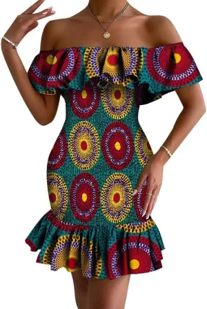 XIAOHUAGUA African Dress for Women Summer Off Shoulder Ruffle Bodycon Sexy Mini Party Club Ankara Smocked Dress