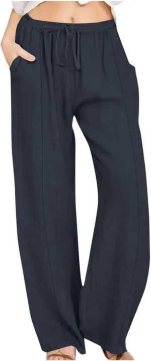 Xiaojmake Linen Pants Women Summer Boho Pants 2025 Casual Loose Drawstring Wide Leg Trousers High Waist Lounge Beach Pants