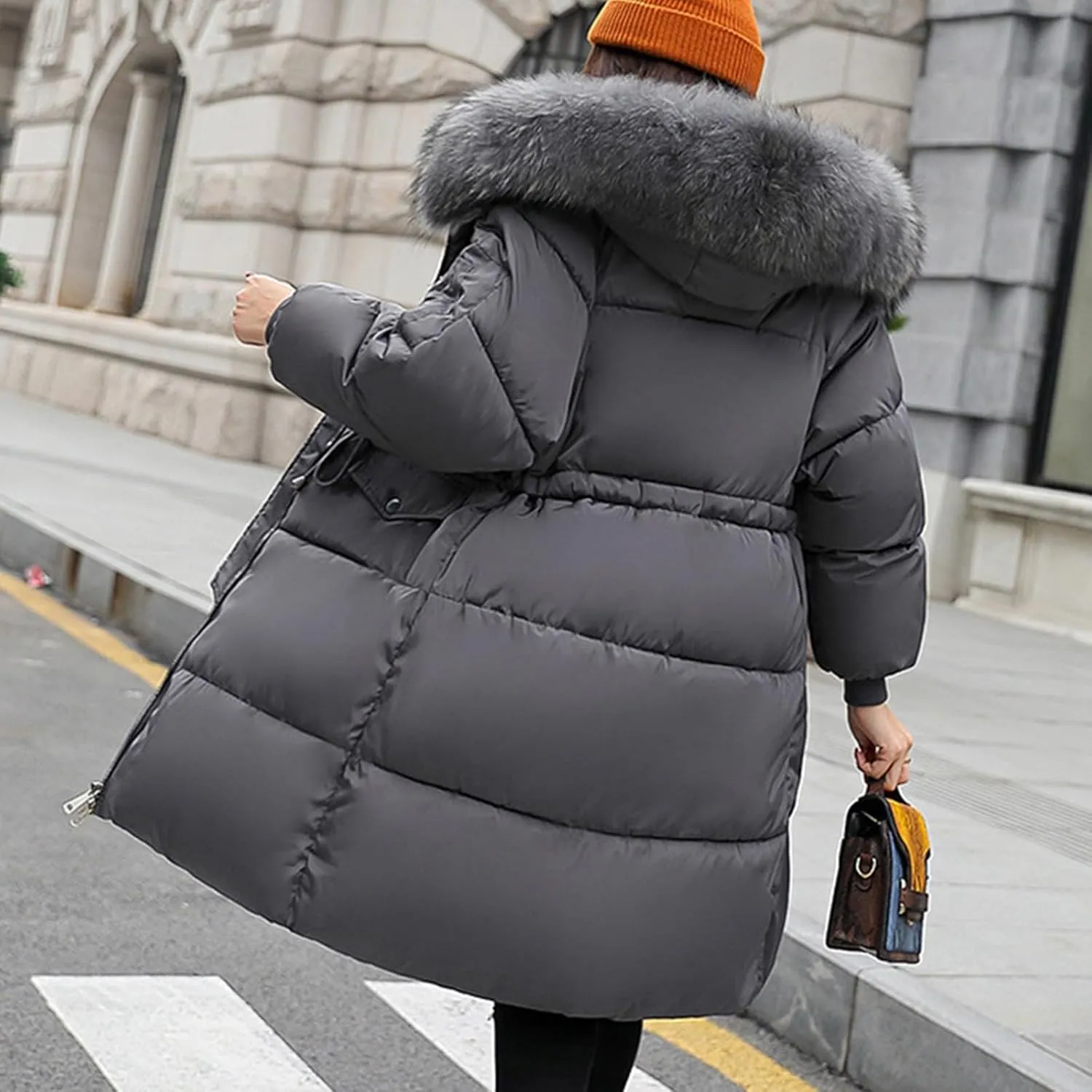 XUNRYAN Puffer Jackets Womens Winter Warm Down Coat Quilted Lightweight Mid Long Parka Anorak Faux-Fur Hood Slim Fit Outwear