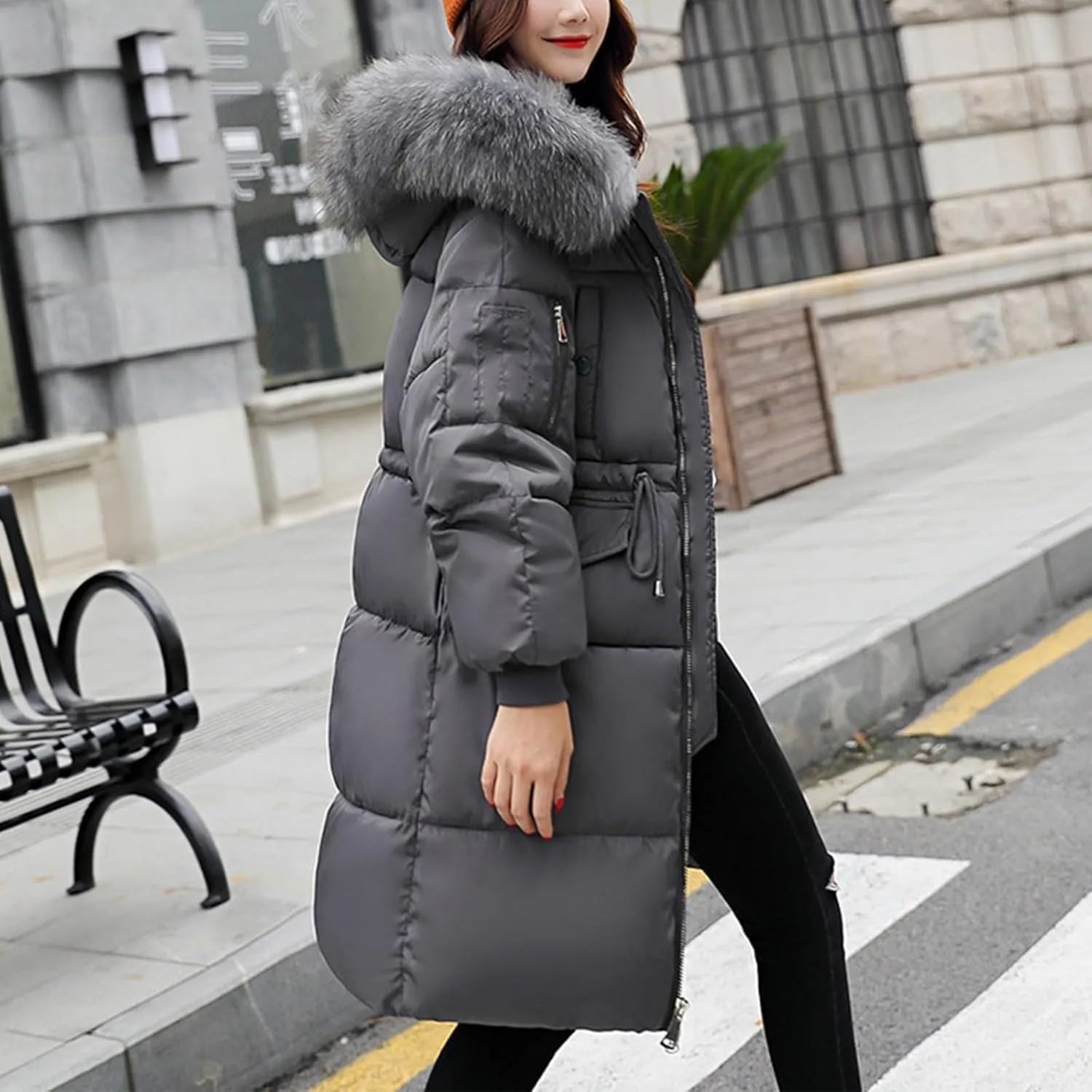 XUNRYAN Puffer Jackets Womens Winter Warm Down Coat Quilted Lightweight Mid Long Parka Anorak Faux-Fur Hood Slim Fit Outwear
