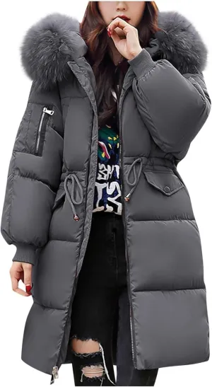 XUNRYAN Puffer Jackets Womens Winter Warm Down Coat Quilted Lightweight Mid Long Parka Anorak Faux-Fur Hood Slim Fit Outwear