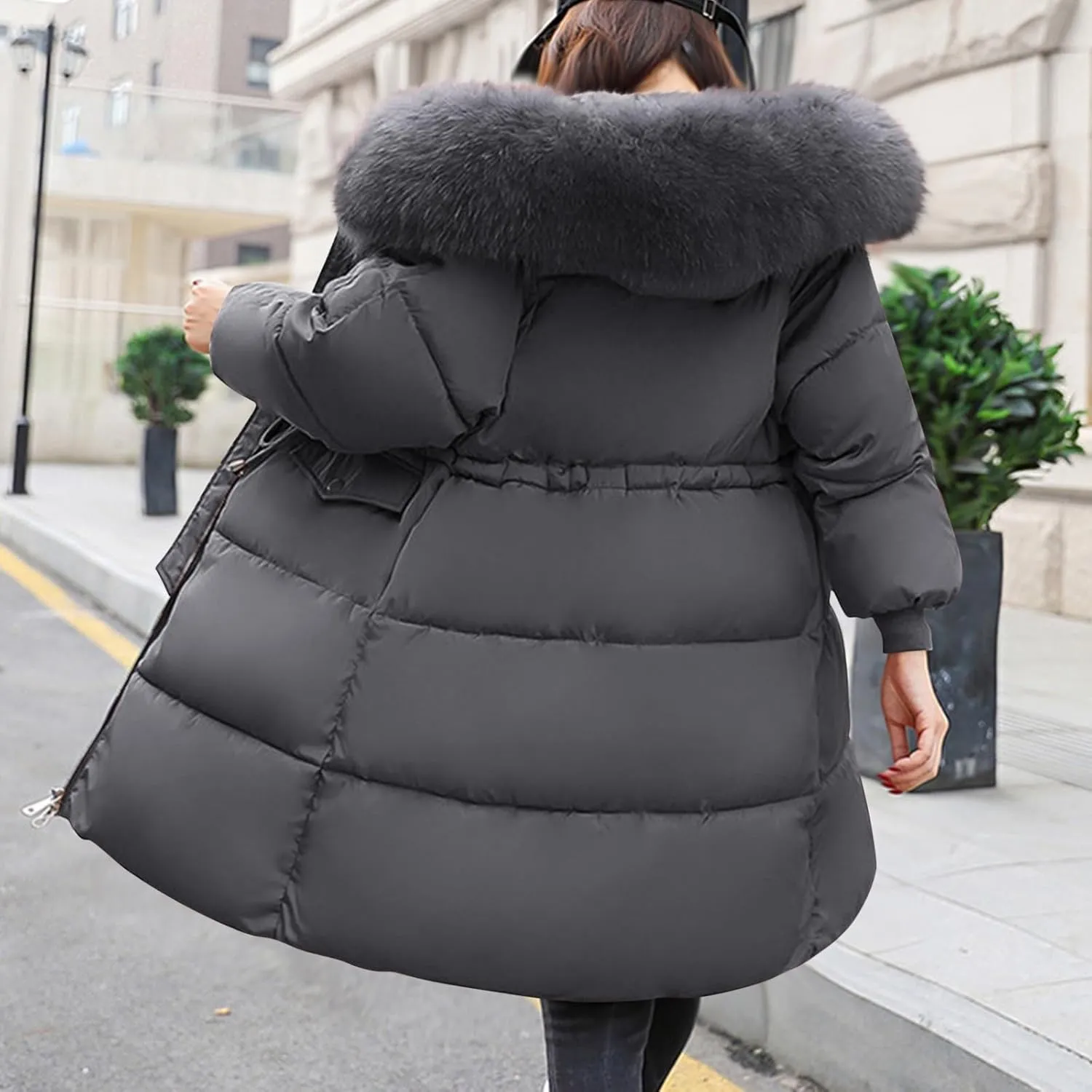 XUNRYAN Puffer Jackets Womens Winter Warm Down Coat Quilted Lightweight Mid Long Parka Anorak Faux-Fur Hood Slim Fit Outwear