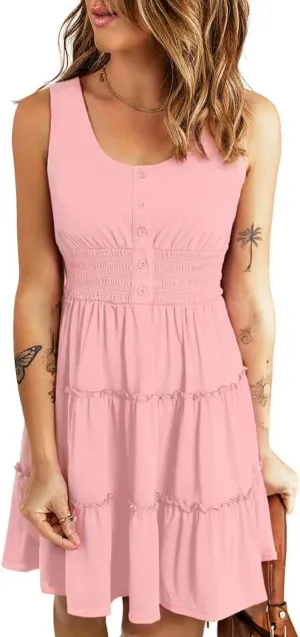 Yajedo Womens Summer A Line Dress Sleeveless Casual Loose Swing Button Down Beach Mini Tank Tiered Dress