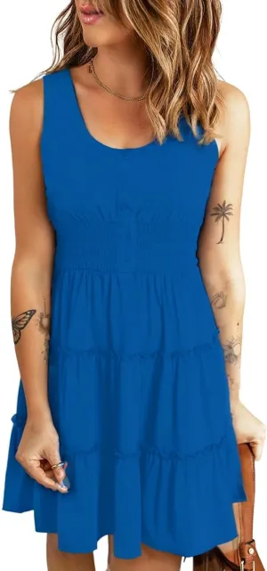 Yajedo Womens Summer A Line Dress Sleeveless Casual Loose Swing Button Down Beach Mini Tank Tiered Dress