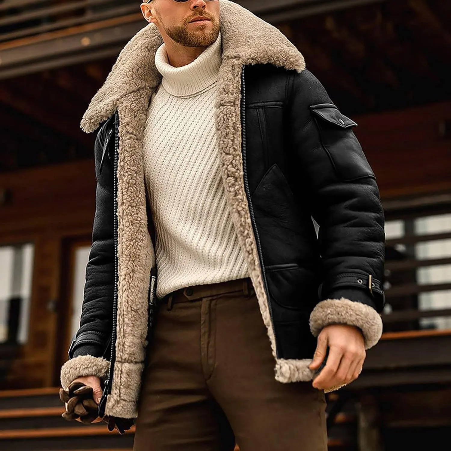 Ymosrh Men's Leather Jacket Faux Sherpa Lined Bomber Jacket Winter Warm Turn-Down Collar Coats Jackets, M-5XL