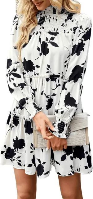 YOXUA Women's Mock Neck Casual Dress, Long Sleeve Floral Printed Shirred Front Ruffle Hem Mini Short Dress