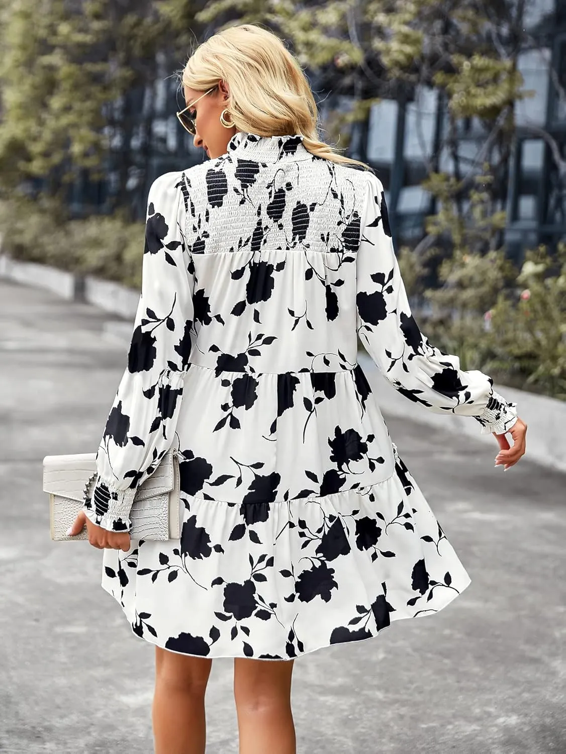 YOXUA Women's Mock Neck Casual Dress, Long Sleeve Floral Printed Shirred Front Ruffle Hem Mini Short Dress