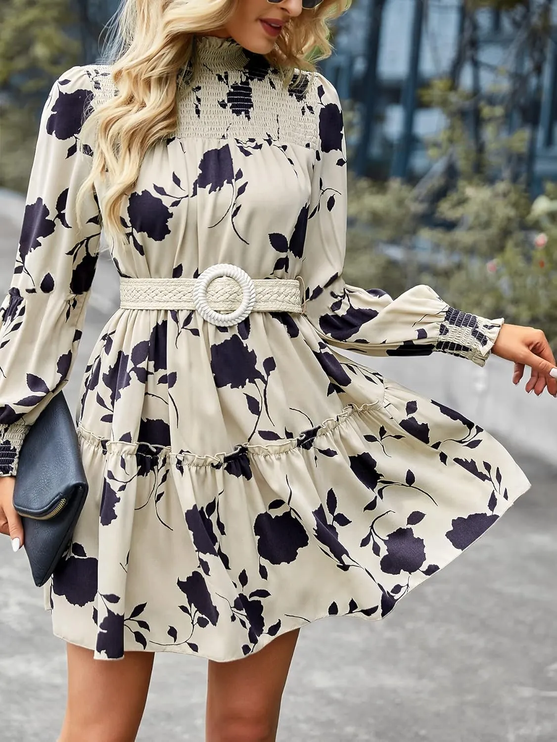 YOXUA Women's Mock Neck Casual Dress, Long Sleeve Floral Printed Shirred Front Ruffle Hem Mini Short Dress