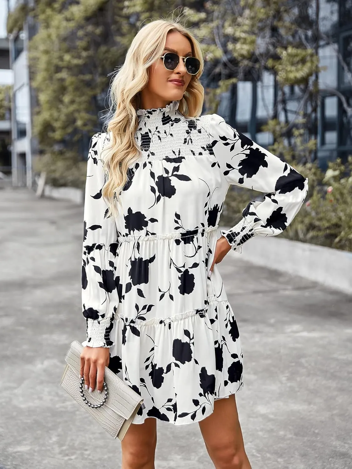 YOXUA Women's Mock Neck Casual Dress, Long Sleeve Floral Printed Shirred Front Ruffle Hem Mini Short Dress