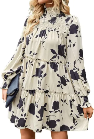 YOXUA Women's Mock Neck Casual Dress, Long Sleeve Floral Printed Shirred Front Ruffle Hem Mini Short Dress
