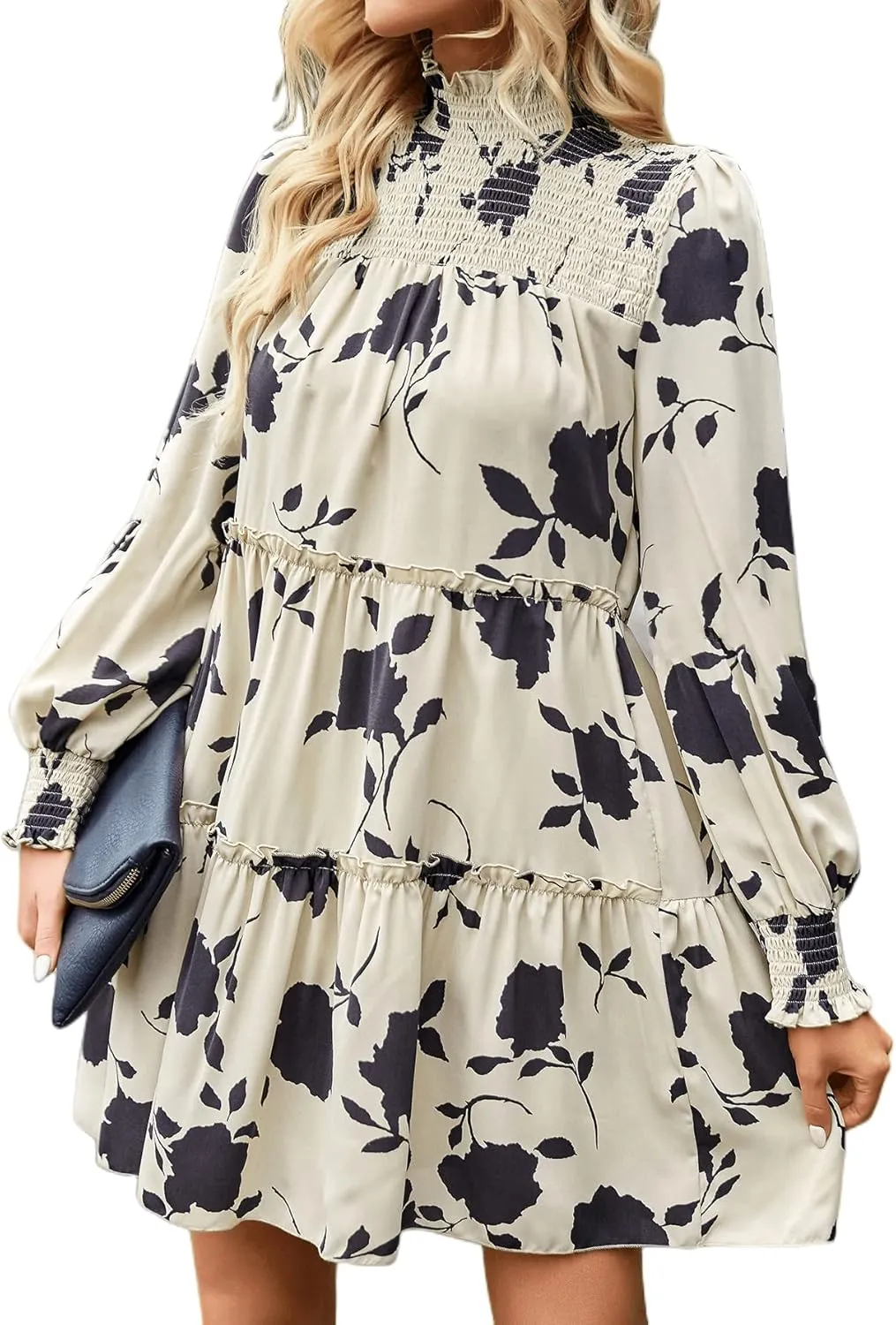 YOXUA Women's Mock Neck Casual Dress, Long Sleeve Floral Printed Shirred Front Ruffle Hem Mini Short Dress
