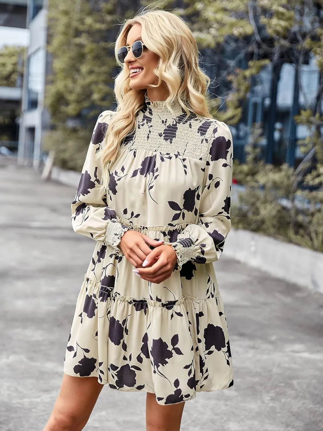 YOXUA Women's Mock Neck Casual Dress, Long Sleeve Floral Printed Shirred Front Ruffle Hem Mini Short Dress